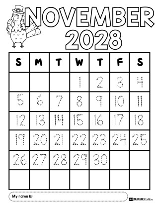 Free November Printable Calendar with Tracing Numbers
