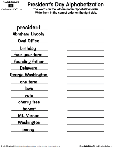 Words for Presidents' Day Alphabetization Worksheet